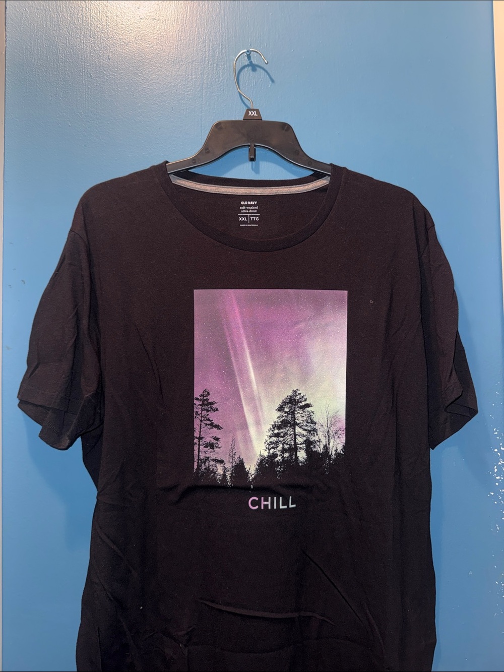 Old Navy Black Tee with Purple-Green Gradient Nature Graphic